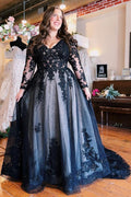 Bmbridal Black Long Sleeves Wedding Reception Dress V Neck With Lace Appliques