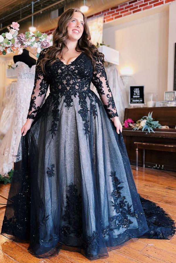 Bmbridal Black Long Sleeves Wedding Reception Dress V Neck With Lace Appliques