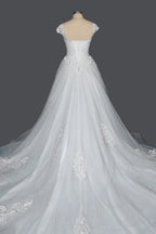 Cap Sleeve Ball Gown Wedding Dress With Sheer Tulle And Lace V Neck