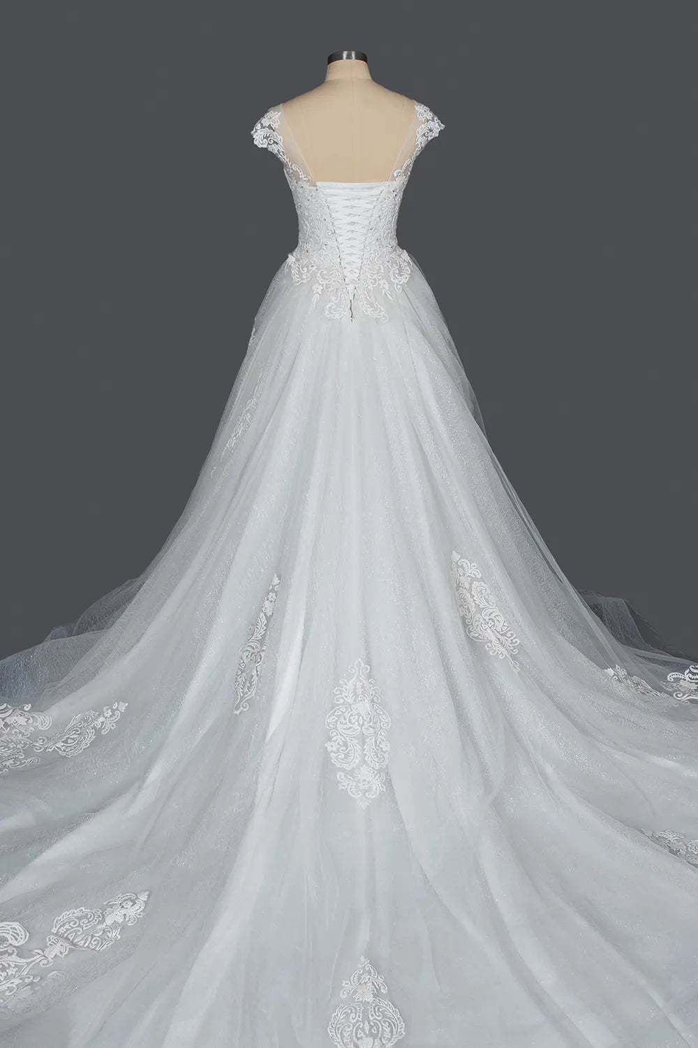 Cap Sleeve Ball Gown Wedding Dress With Sheer Tulle And Lace V Neck