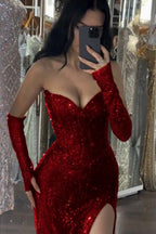 Sequin Strapless Long Mermaid Prom Dress With Split Detachable Sleeves