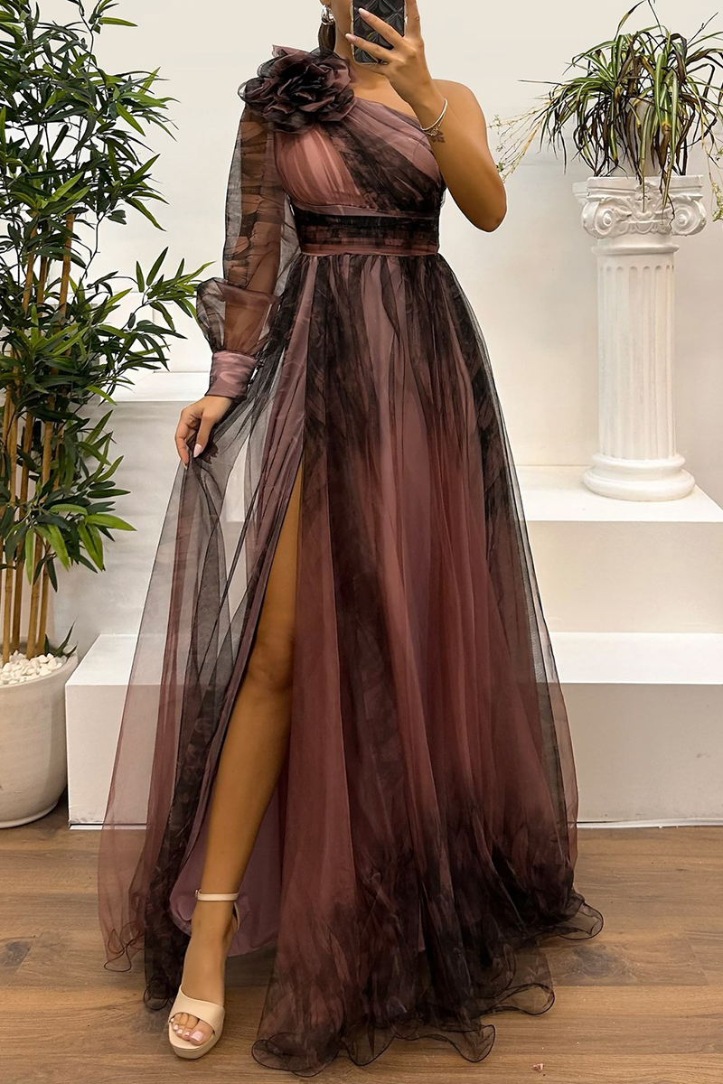 Vestidos de Noite Sexy para Baile de Finalistas com Estampa Floral, Fenda, Transparência em Tule e Decote Assimétrico (6 Cores)