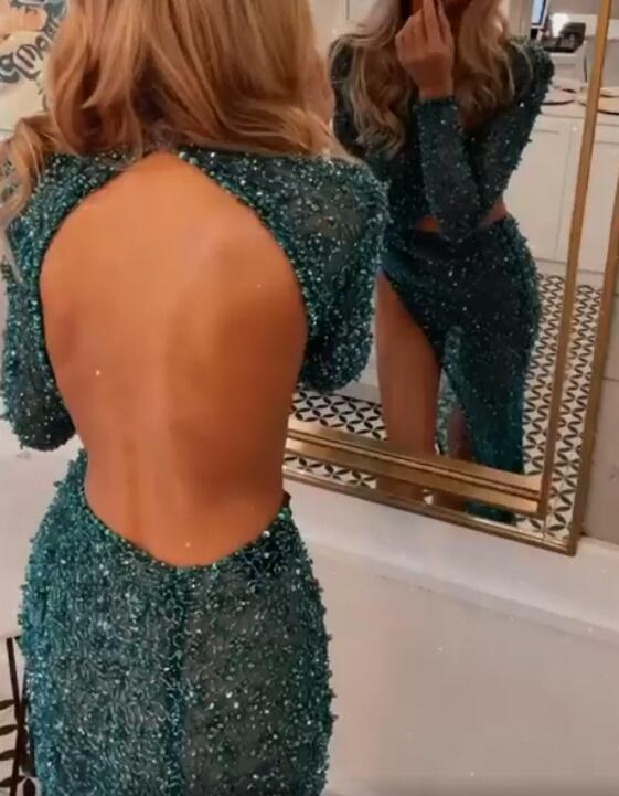 Abito da sera formale con maniche lunghe sexy, collo alto, paillettes e spacco, a sirena