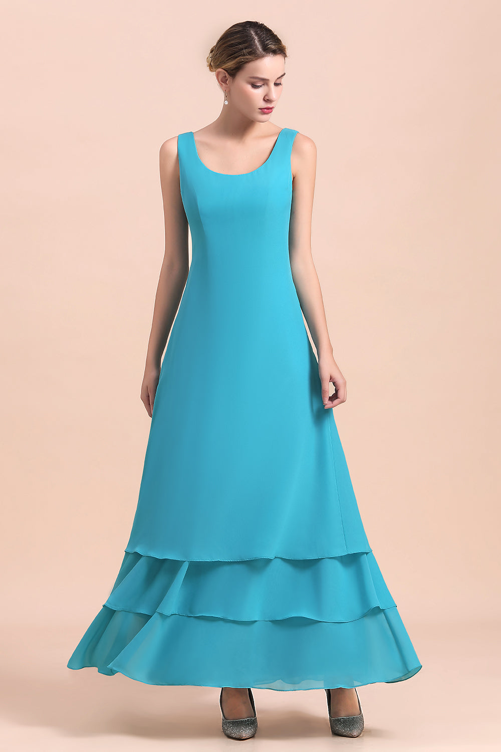 BMbridal Gorgeous Square Neck Flowers Layers Mother of Bride Dress with Long Wraps