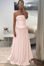 Chic Strapless Sleeveless Long Pleated Beaded Custom Prom Dress
