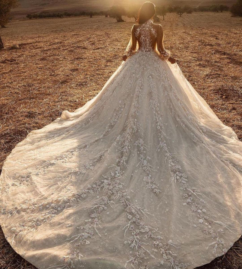 A Line High Neck Long Sleeve Train Wedding Dress With Appliques Lace Tulle