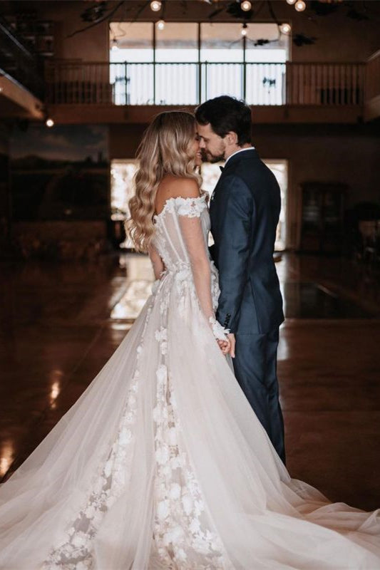 A Line Off The Shoulder Lace Wedding Dress For Romantic Brides