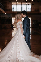 A Line Off The Shoulder Lace Wedding Dress For Romantic Brides