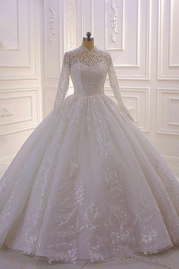 Chic Long Sleeve Appliques High Neck Sequins Wedding Dress With Lace Pearl