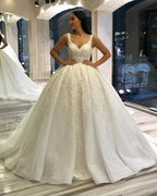 Spaghetti Straps Sequins Backless Ball Gown Sweetheart Wedding Dress Lace