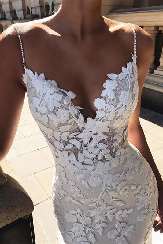 Spaghetti Strap Long Backless Lace Appliques Mermaid Wedding Dress