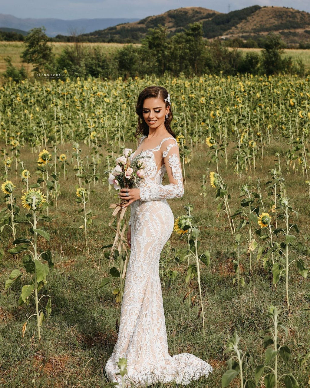 Bmbridal Long Sleeves Lace Mermaid Wedding Dress Boho Bridal Gown