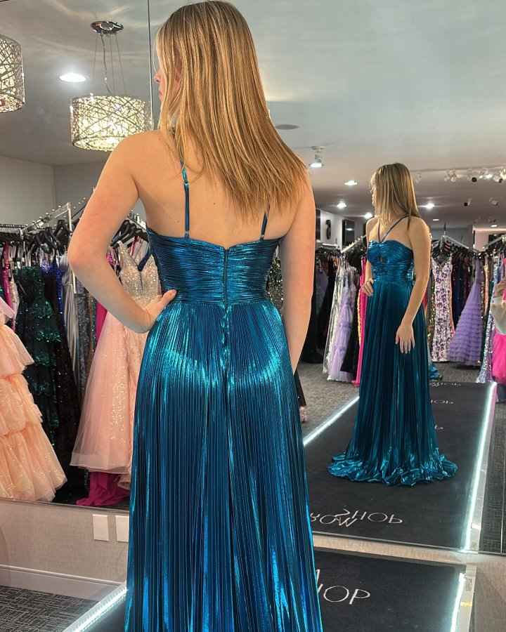 Sparkly Golden A Line Halter Prom Dress With Keyhole Slit