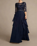 Vestido de noite em chiffon com aplicação de renda | Vestido de mãe da noiva com mangas até ao cotovelo e folhos em camadas