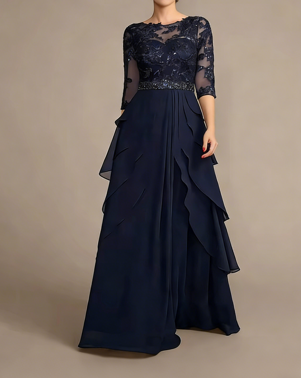 Vestido de noite em chiffon com aplicação de renda | Vestido de mãe da noiva com mangas até ao cotovelo e folhos em camadas