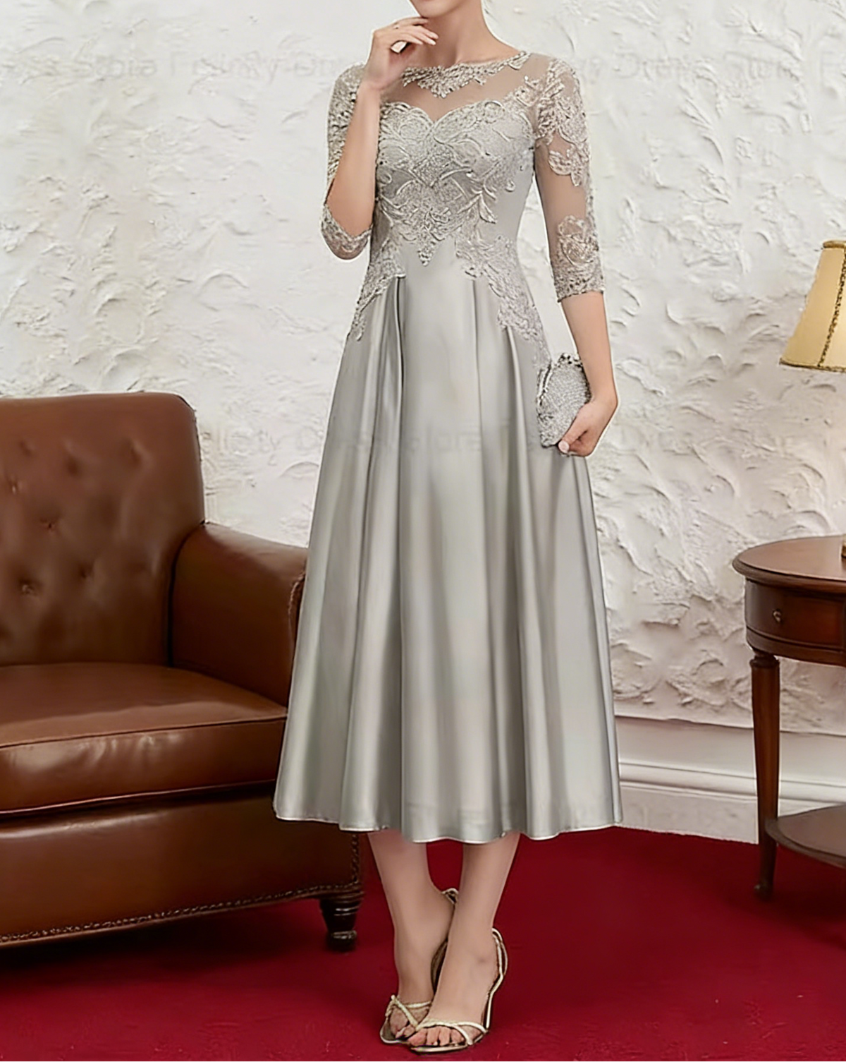 Vestido de Cetim para Noite com Aplicação de Renda e Comprimento até ao Chá | Vestido de Mãe da Noiva com Meia Manga