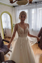 V-Neck Open Back A-Line Long Wedding Dress With Tulle Lace