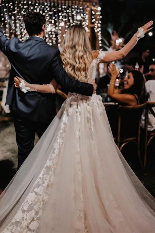 A Line Off The Shoulder Lace Wedding Dress For Romantic Brides