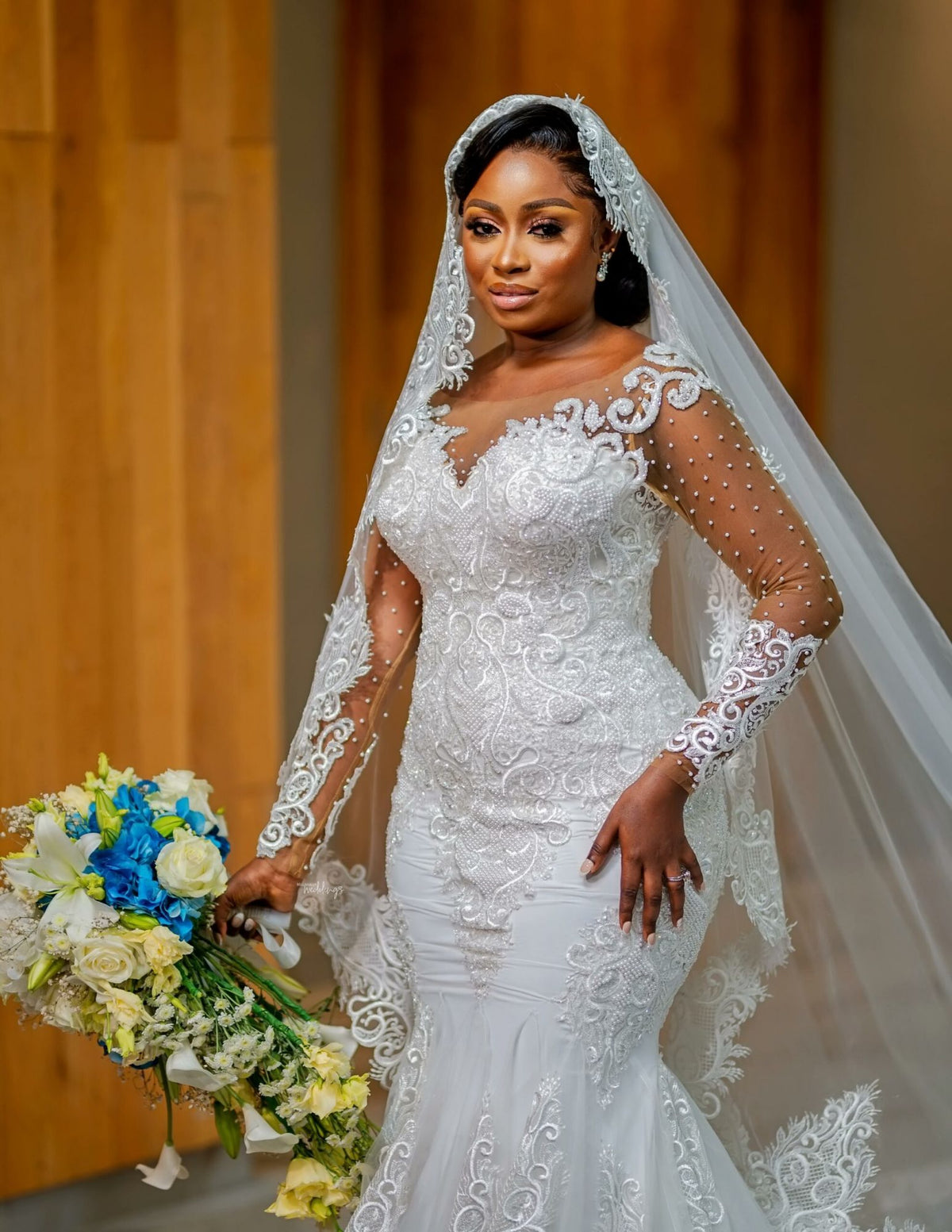 Bridal Long Sleeves Mermaid Wedding Dress With Lace Built In Bra Pearls