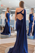 Einfache Meerjungfrau One-Shoulder Marineblau Satin Lange Ballkleider