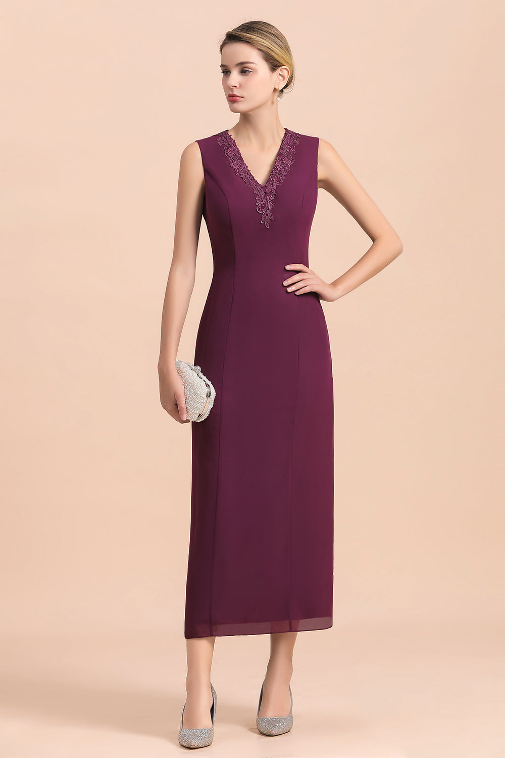 BMbridal Elegant V-Neck SLeeveless Apppliques Grape Mother of Bride Dress with Wraps