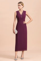 BMbridal Elegant V-Neck SLeeveless Apppliques Grape Mother of Bride Dress with Wraps