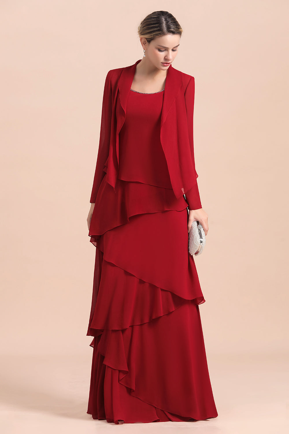 BMbridal Elegant Burgundy Chiffon Mother of the Bride Dress Ruffles With Jacket