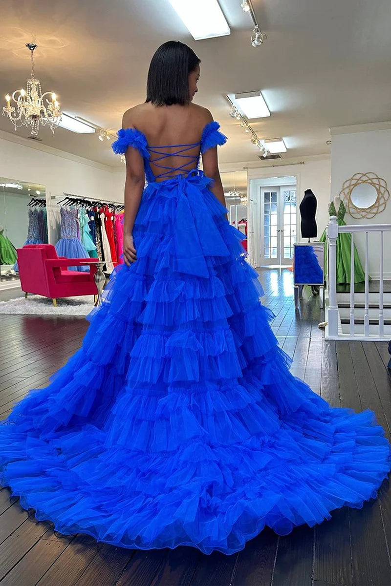 Off the Shoulder Ruffle Tiered Tulle Long Prom Dresses with Slit