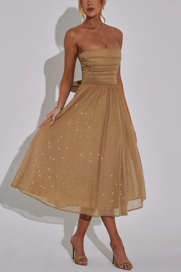 Abito Midi Sexy con Spalle Scoperte, Schiena Nuda e Fiocco