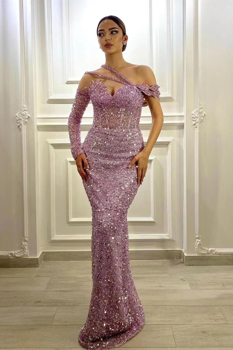 Superbe robe de bal sirène à paillettes lavande, une épaule, manches longues