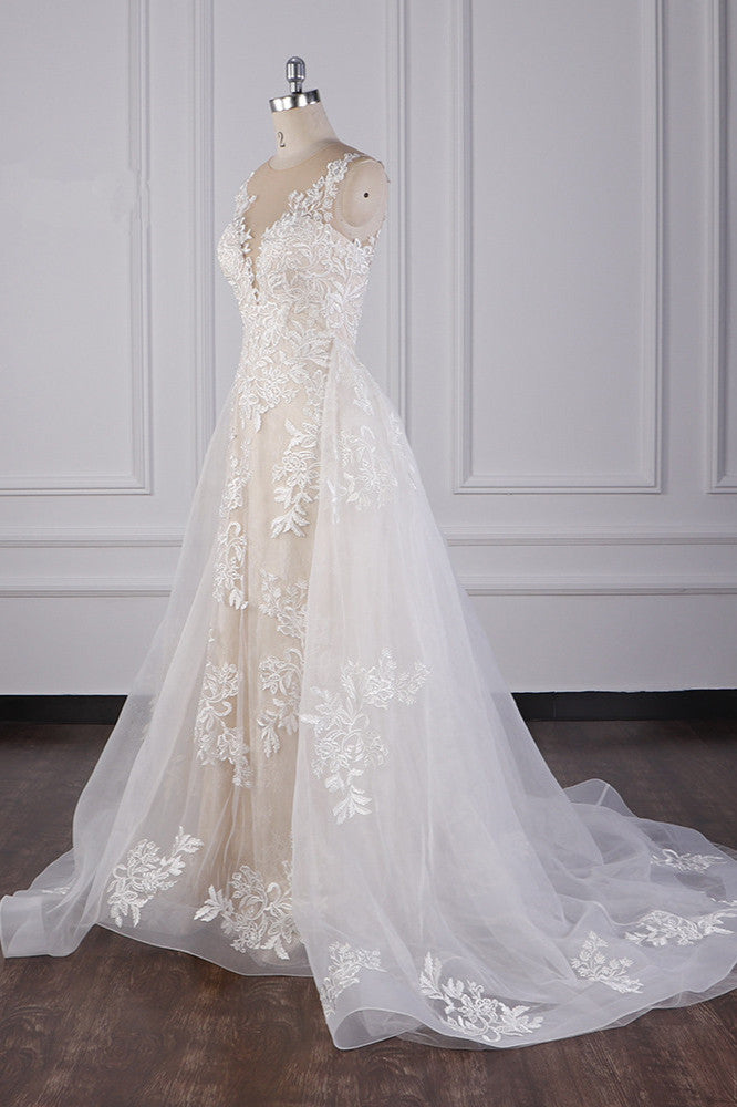 BMbridal Jewel Tulle Lace Mermaid Wedding Dress With Appliques Sleeveless