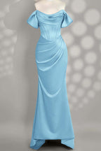 Off The Shoulder Sleeveless Mermaid Long Prom Dress With Pleated Custom Color