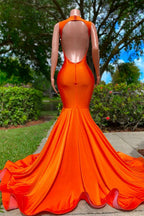 Vestidos de Festa Laranja Comprido com Decote em V, Sem Mangas, com Contas, Estilo Sereia e Costas Descobertas