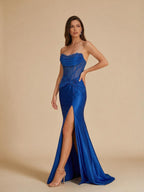 Royal Blue Strapless Corset Prom Dress with High Slit