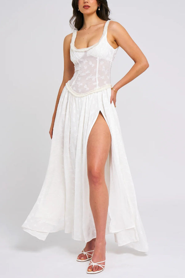 Vestido Maxi Ulissa Verde Claro com Decote Quadrado, Textura Jacquard e Fenda Alta