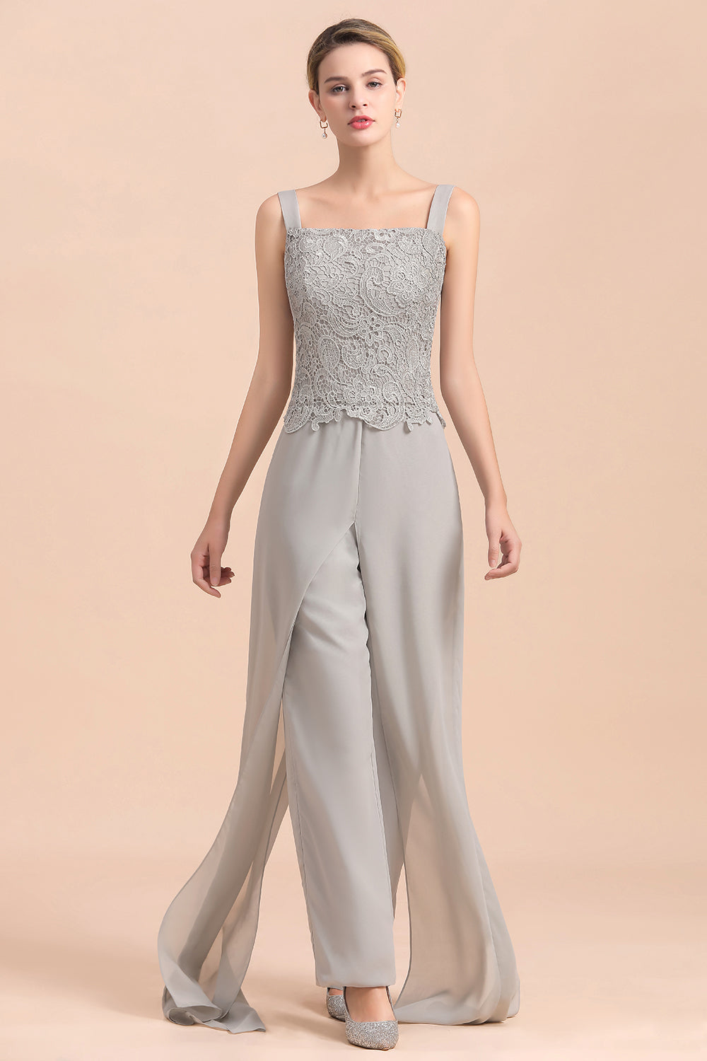 BMbridal Elegant Silver Lace Top Chiffon Mother of Bride Jumpsuit Online with Wrap