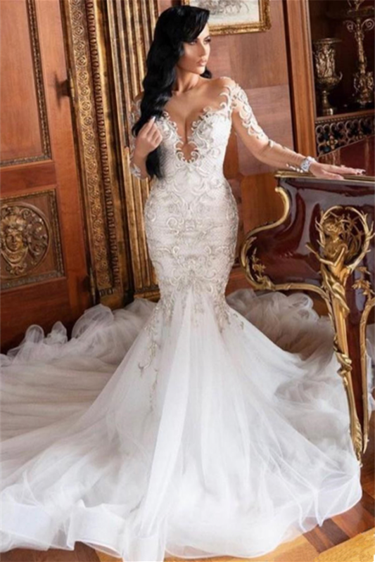 Mermaid Long Sleeve Lace Appliques Wedding Dress for Brides