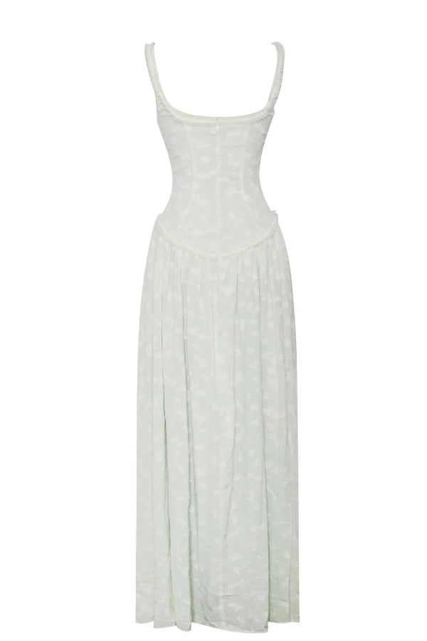 Vestido Maxi Ulissa Verde Claro com Decote Quadrado, Textura Jacquard e Fenda Alta