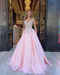 Vestido de fiesta largo de tul con escote en forma de A y apliques rosas con escote en forma de corazón y hombros descubiertos 