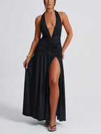 Robe longue plissée unie à col en V sexy, sans bretelles et dos nu