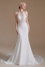 Charming Backless Long Mermaid Halter Satin Wedding Dresses With Lace Appliques