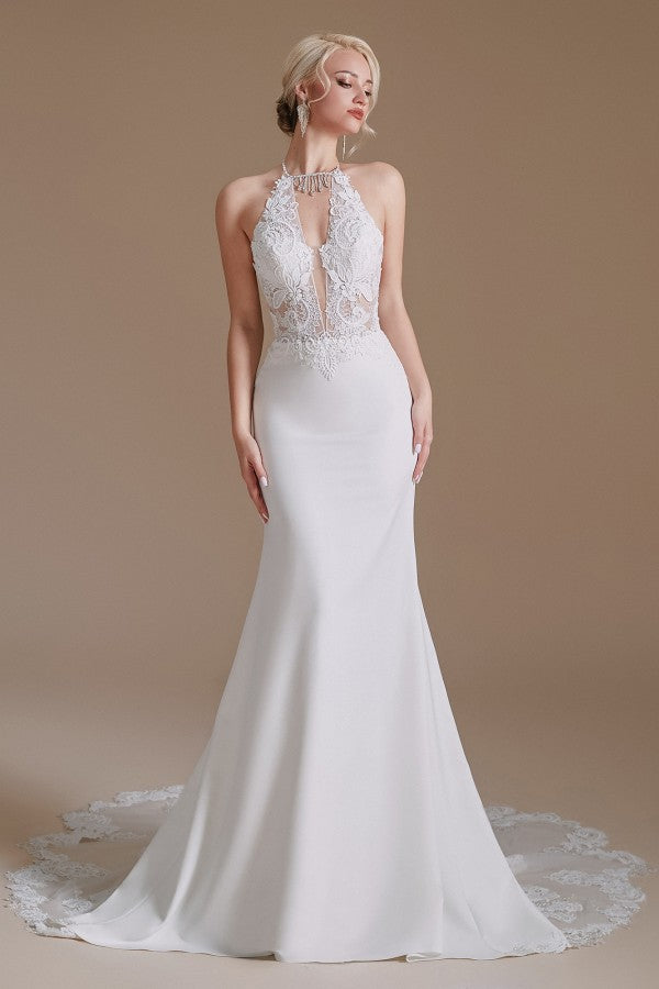 Charming Backless Long Mermaid Halter Satin Wedding Dresses With Lace Appliques