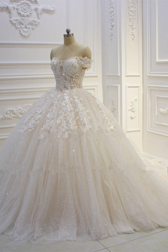 Chic Sequin Off The Shoulder Sweetheart Ball Gown Wedding Dress Appliques Lace