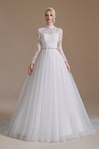 Luxury Long Sleeves A Line High Neck Wedding Dress With Tulle Lace