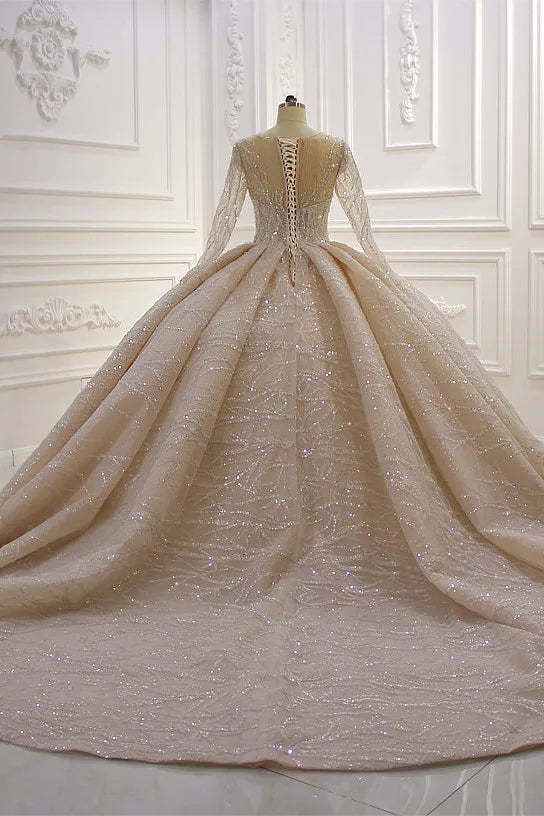 Glamorous Bateau Long Sleeve Floor Length Ball Gown Wedding Dress With Ruffles