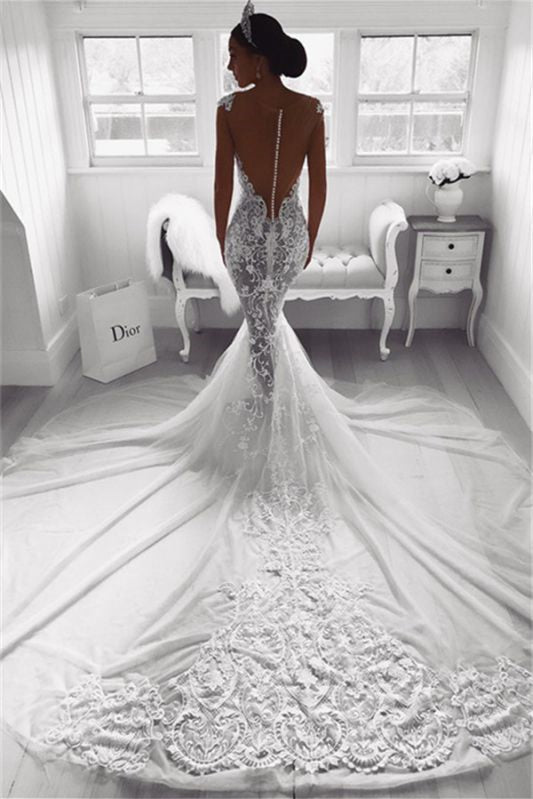 Elegant Mermaid Wedding Dress With Cap Sleeves Lace Appliques Zipper Back