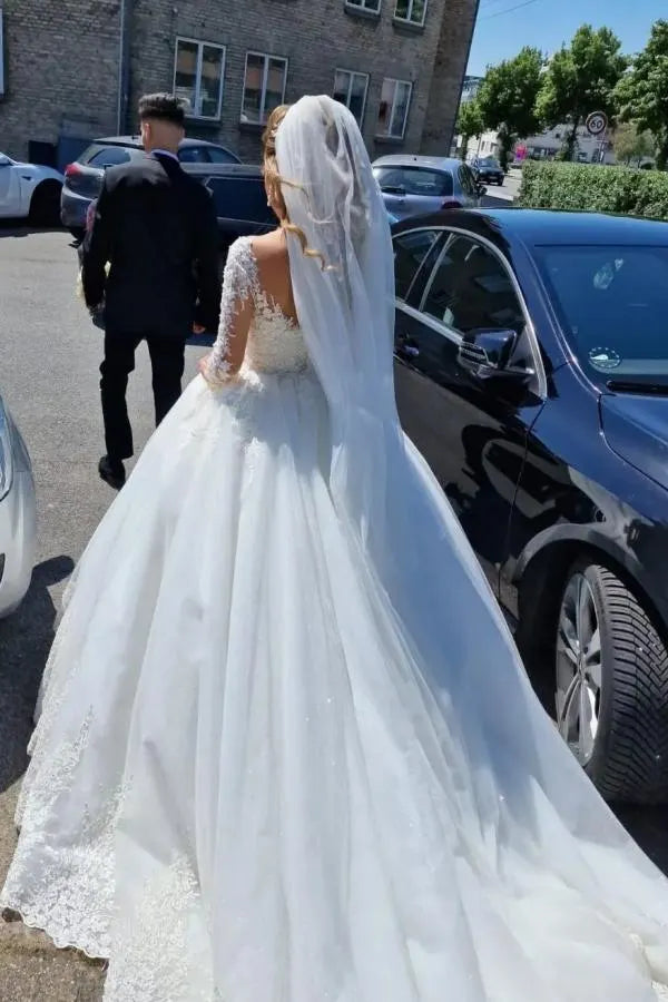 White Lace V Neck A Line Wedding Dress With Long Sleeves