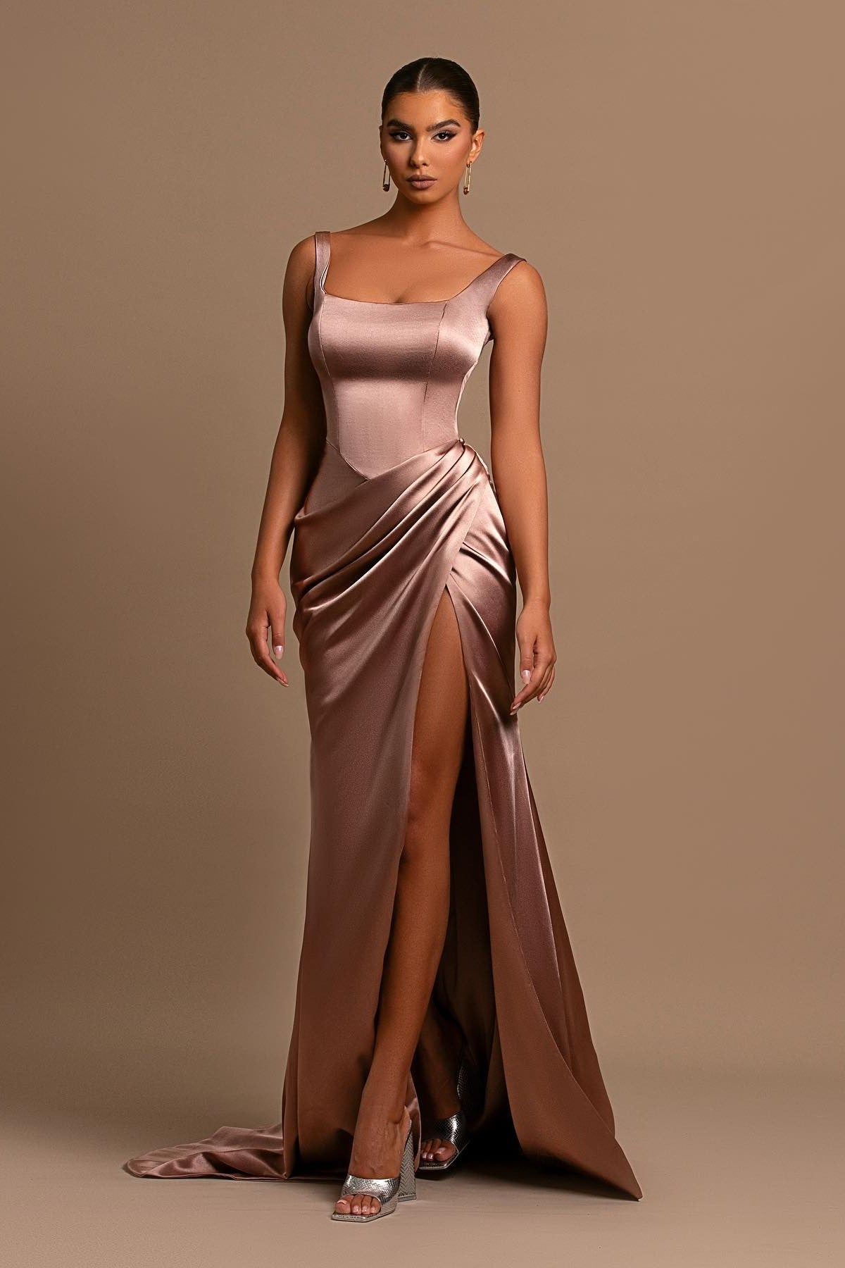 Dusty Rose Spaghetti Strap Square Neck Mermaid Prom Dress With Side Split