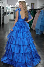 RGlitter Tie Straps Pink Plunging Neck Tiered Long Prom Dress
