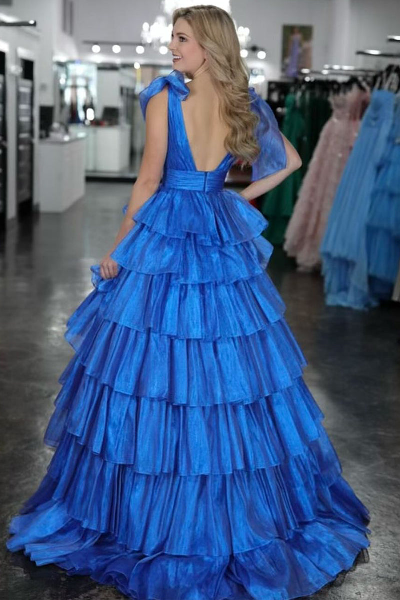 RGlitter Tie Straps Pink Plunging Neck Tiered Long Prom Dress
